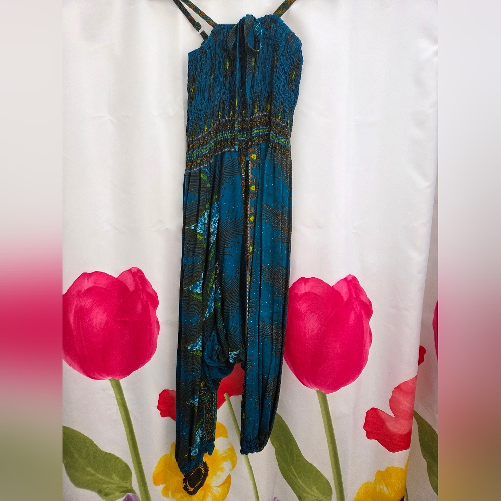 Turqouise Boho Strapless Jumpsuit